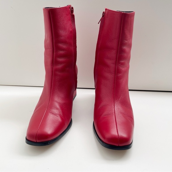 Rita Row Red Leather Boots Mid Calf Heeled Booties Western Cowgirl Square Toe 38 - Picture 4 of 14